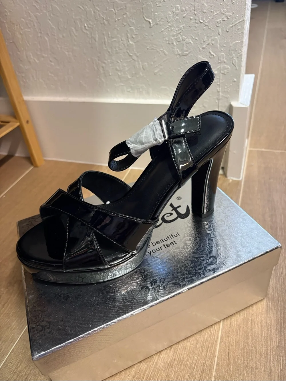 Glossy Black Patent Slingback Platform Heels